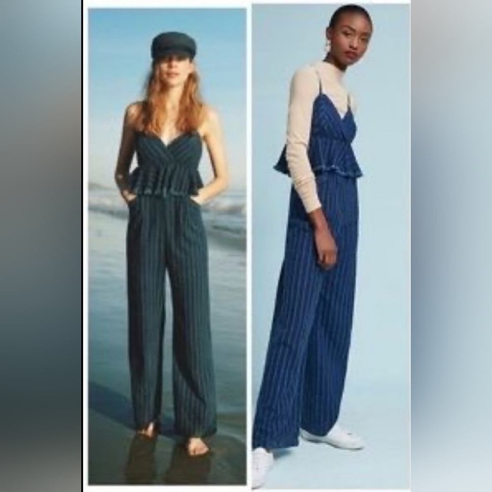 Att:twa by Anthropology Navy Blue Striped Wide leg Jumpsuit Size XS